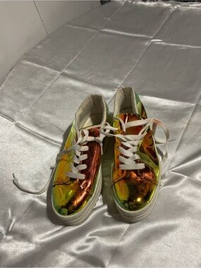 Iridescent Metallic Lace-Up Sneakers in Orange and Green